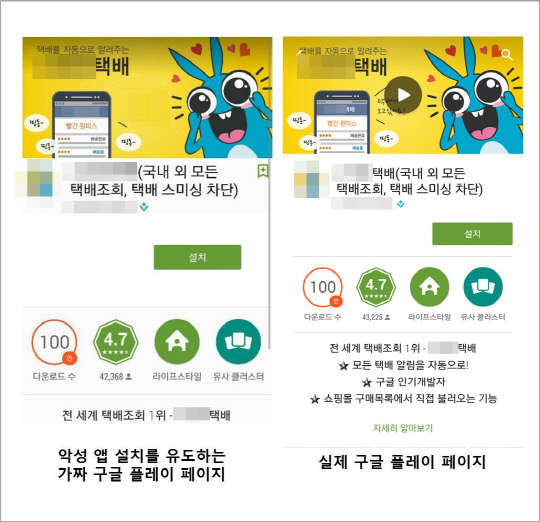 택배 관련 문자 발송으로 악성 앱 설치를 유도하는 가짜 구글 플레이 페이지(왼쪽)와 실제 구글 플레이 화면.